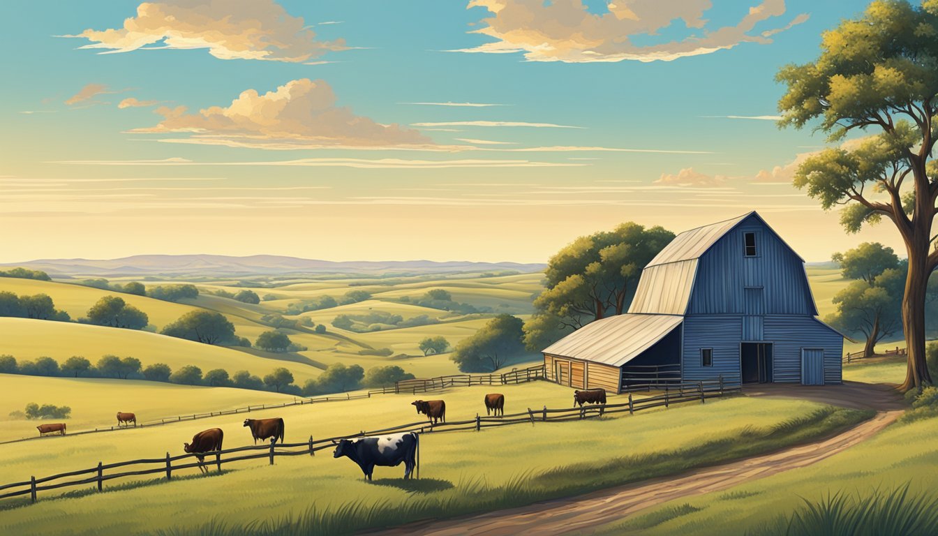 A vast Texas landscape with rolling hills, grazing cattle, and a farmhouse with a barn. A clear blue sky and a warm, sunny day