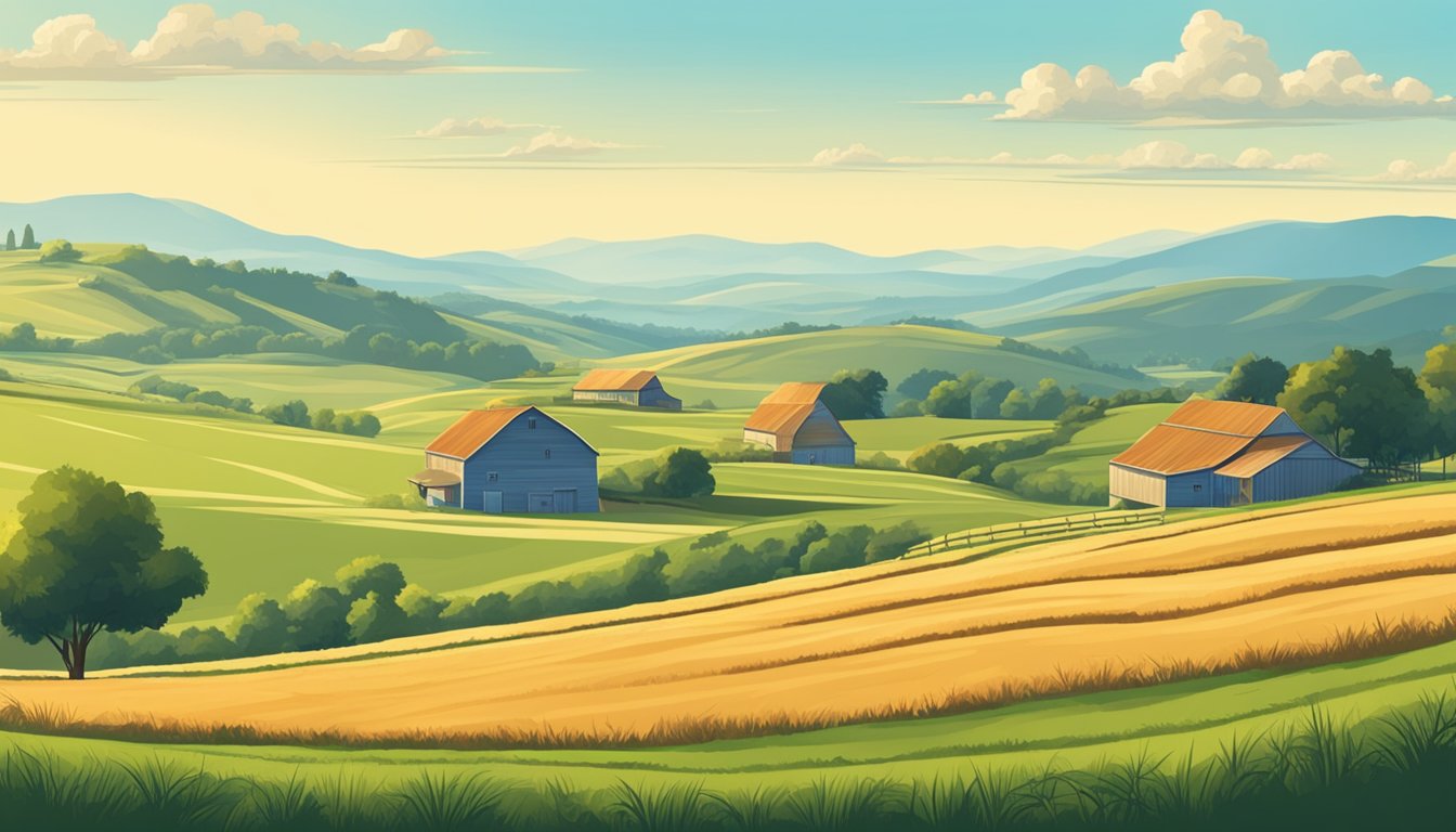 A rural landscape with a large farm or ranch, featuring rolling hills and fields of crops or grazing livestock, under a clear blue sky