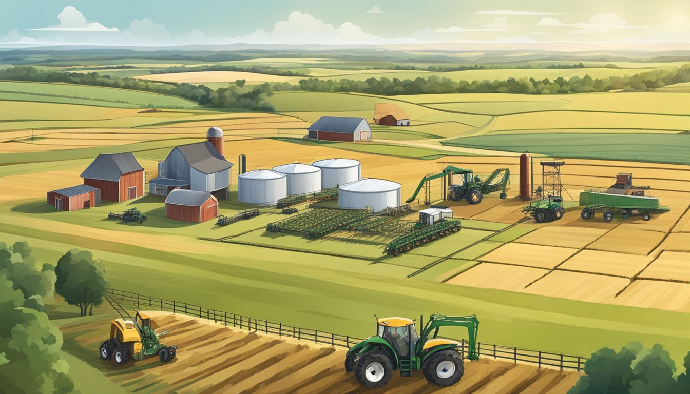 A panoramic view of vast farmlands in King County, Texas, with modern agricultural equipment and structures, showcasing the emerging trends in agricultural taxation