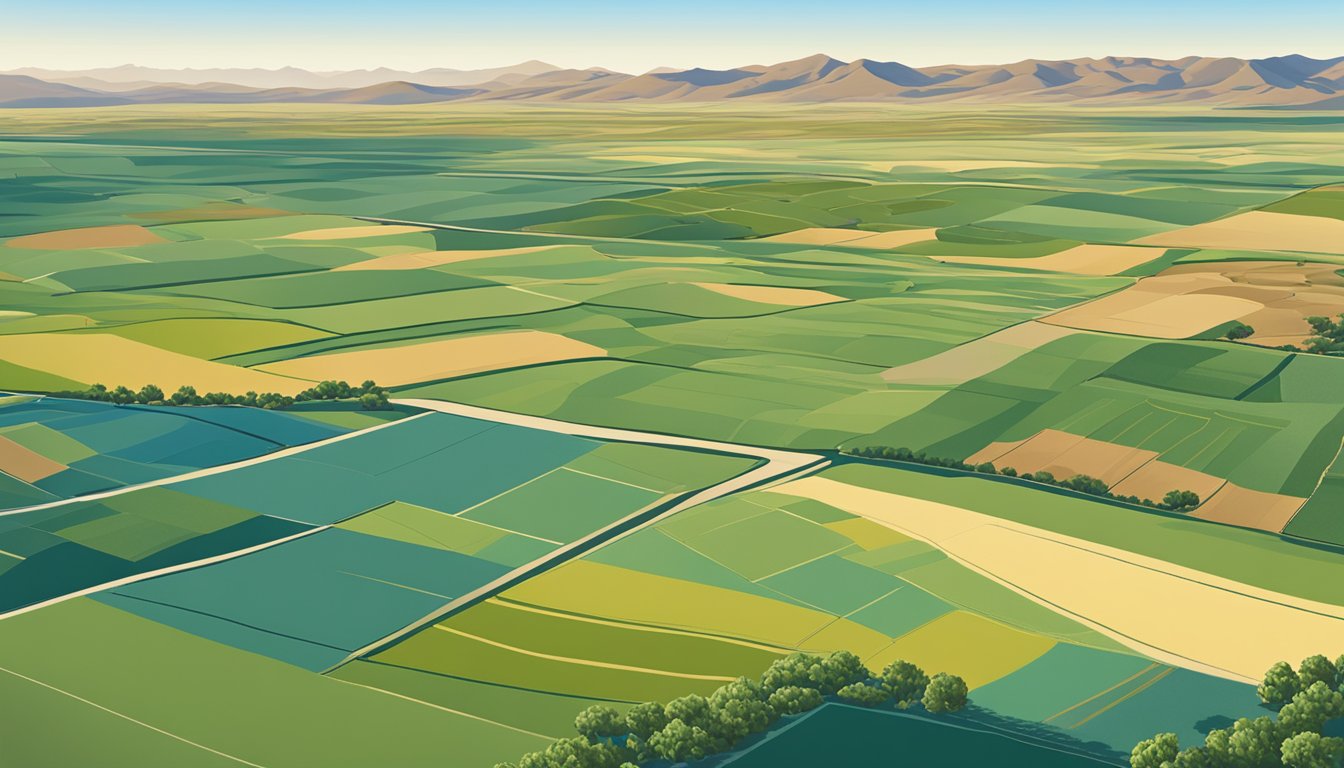 A vast expanse of farmland in Hudspeth County, Texas, with fields of crops and grazing livestock, surrounded by rolling hills and a clear blue sky