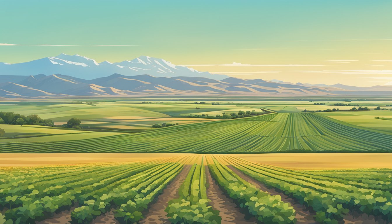 A vast expanse of farmland in Hudspeth County, Texas, with rows of crops and grazing livestock, under a clear blue sky