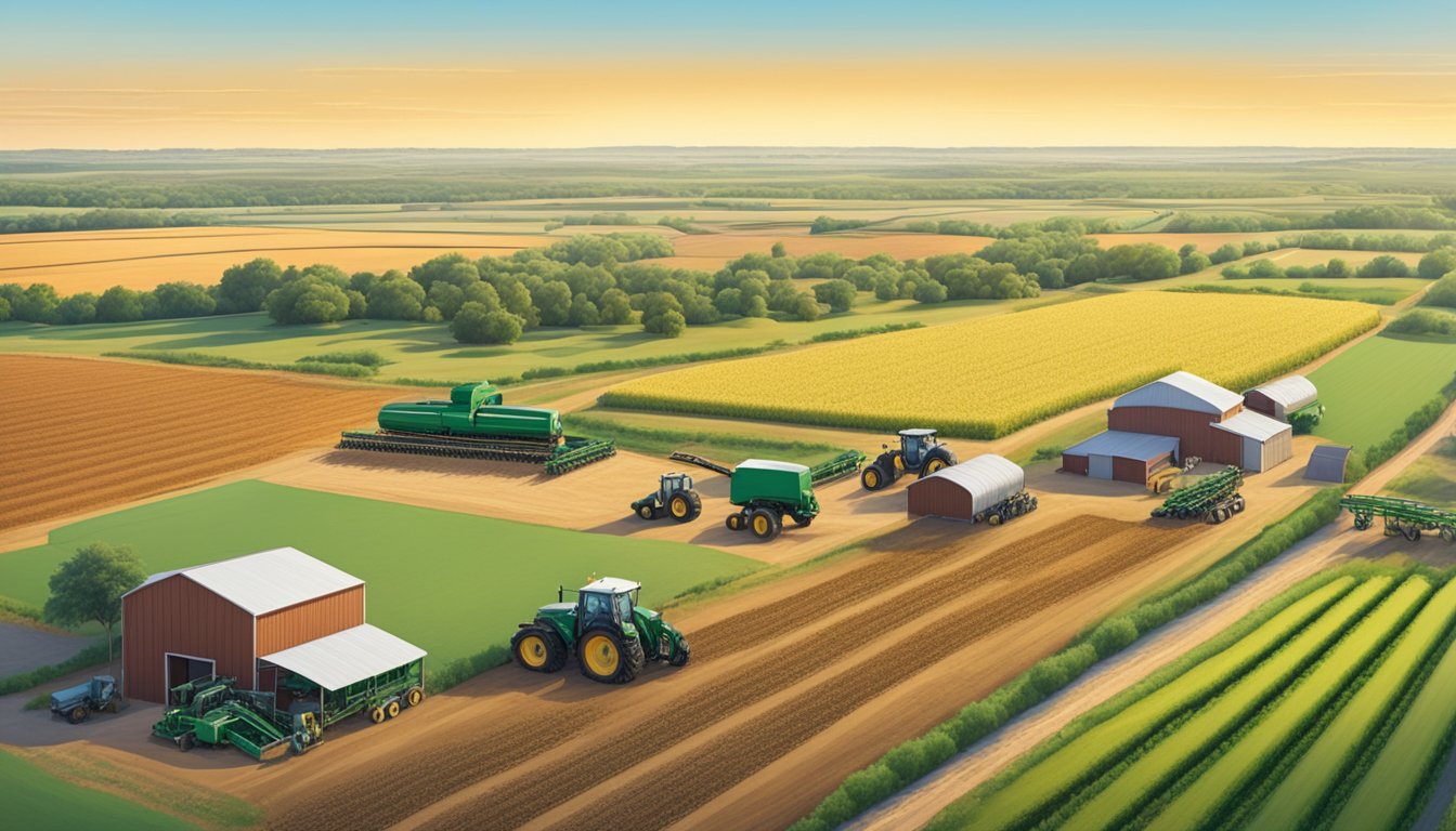 A sprawling landscape of farmland with rows of crops, grazing livestock, and agricultural machinery under the wide open sky of Kimble County, Texas