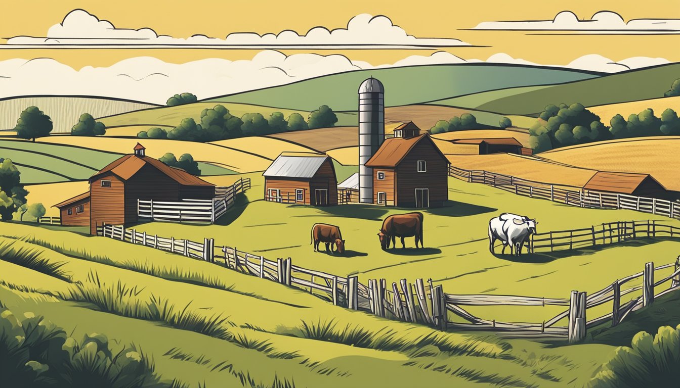 A rural landscape with a farmhouse, barn, and fields. A farmer fills out paperwork while livestock graze nearby