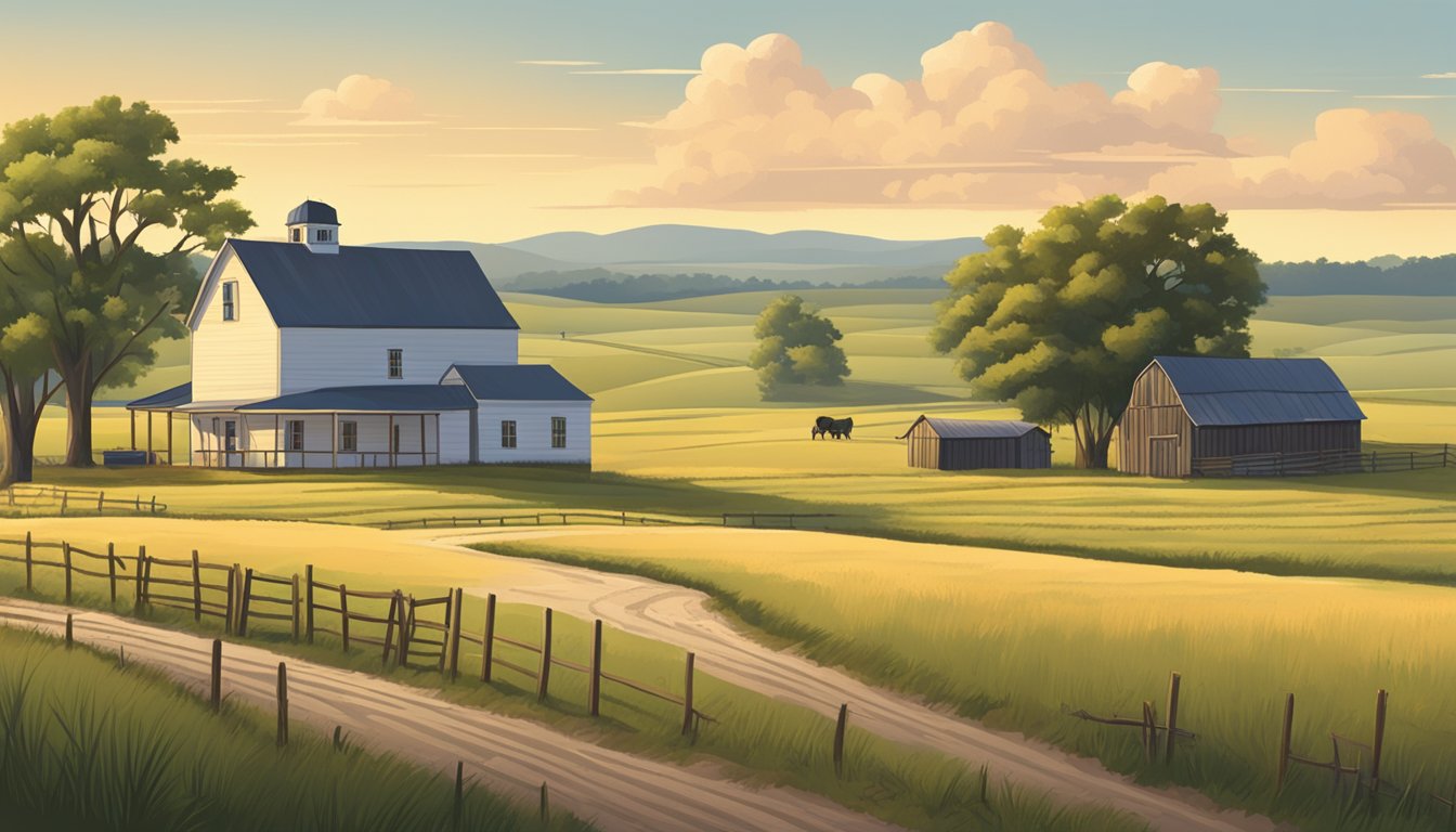 A rural landscape in Kimble County, Texas, with a farmhouse, barn, and grazing land. A sign indicates "Rollback Taxes - Ag Exemption."