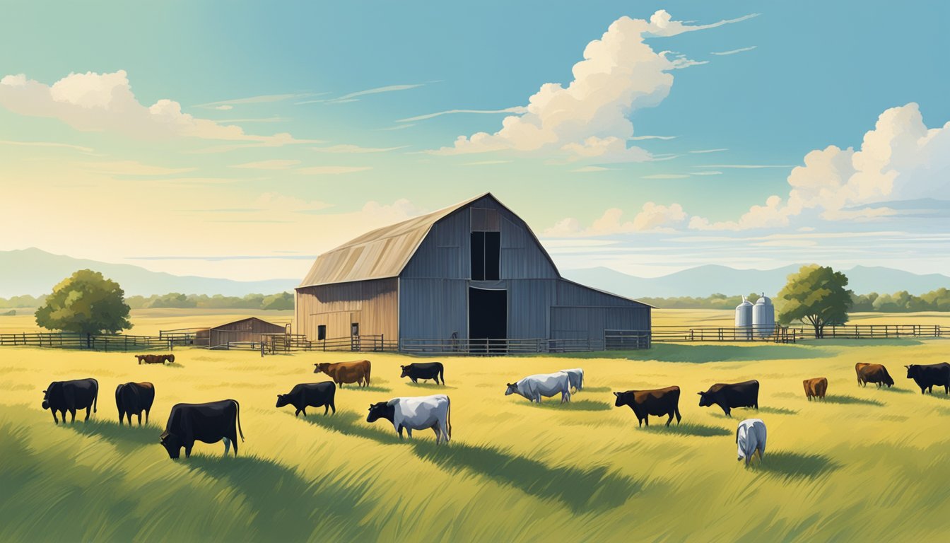 A rural Texas farm with wide open fields, a rustic barn, and a grazing herd of cattle, all under a clear blue sky