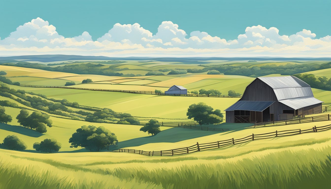 Rolling hills of farmland in Kimblee County, Texas. A large barn and several grazing cattle are surrounded by open fields under a clear blue sky