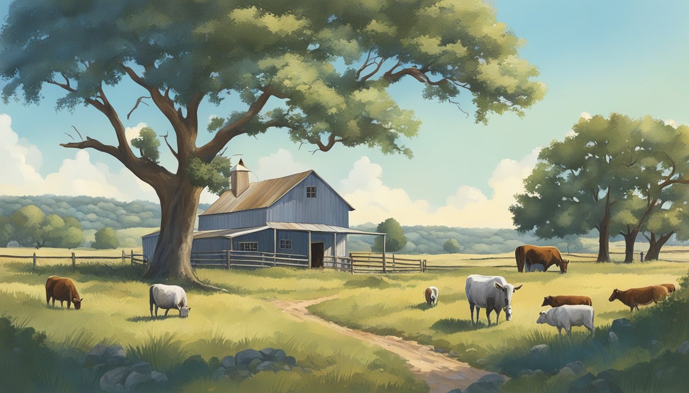 A rural landscape with a farmhouse, barn, and grazing livestock under a clear blue sky in Kerr County, Texas