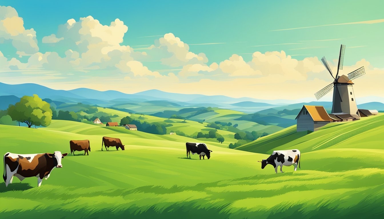 Rolling hills of green pastures dotted with grazing cattle under a bright blue sky, with a farm and windmill in the distance