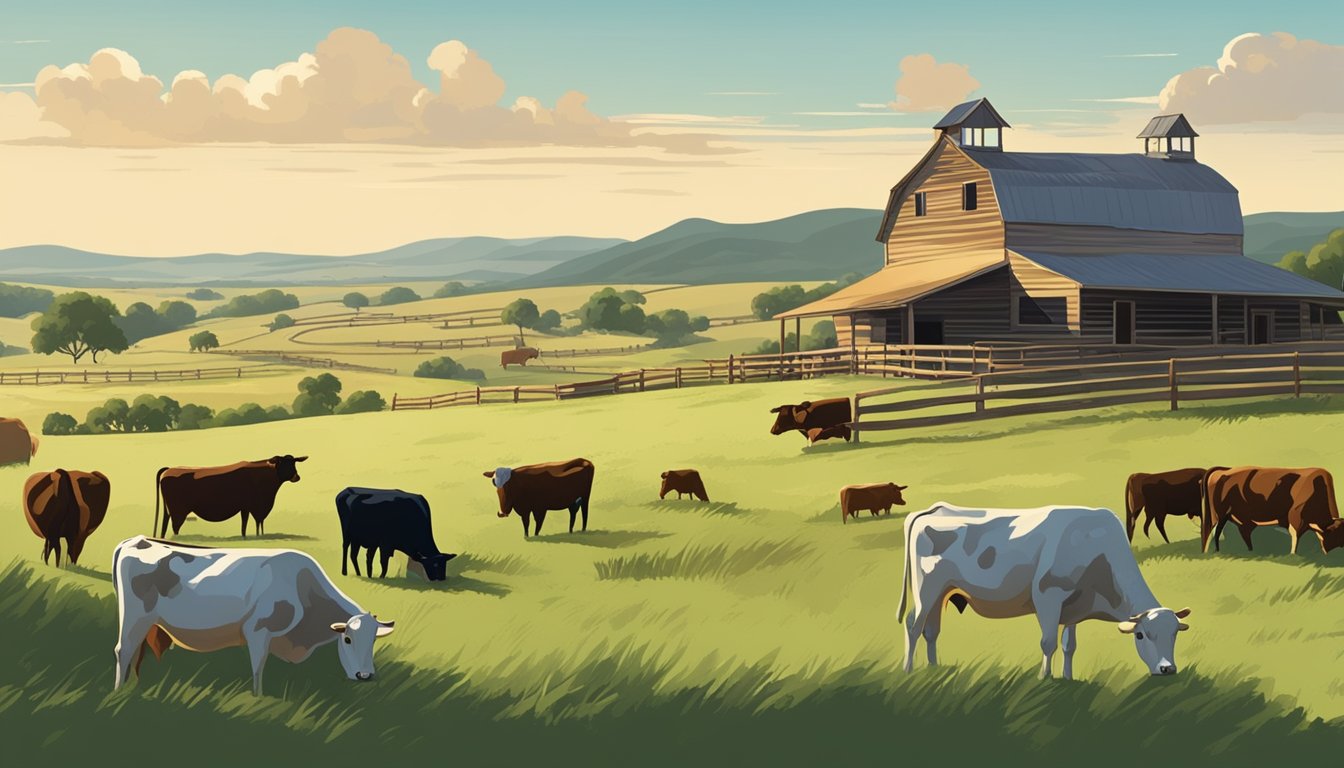 A sprawling Texas ranch with grazing cattle, rolling hills, and a rustic farmhouse, symbolizing the tax implications of agricultural exemptions in Kerr County