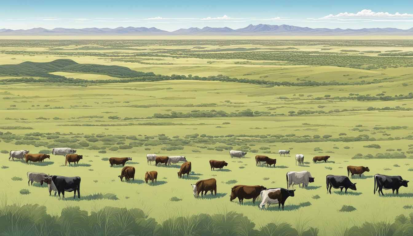 A vast expanse of open land in Hudspeth County, Texas, with grazing cattle and a clear blue sky