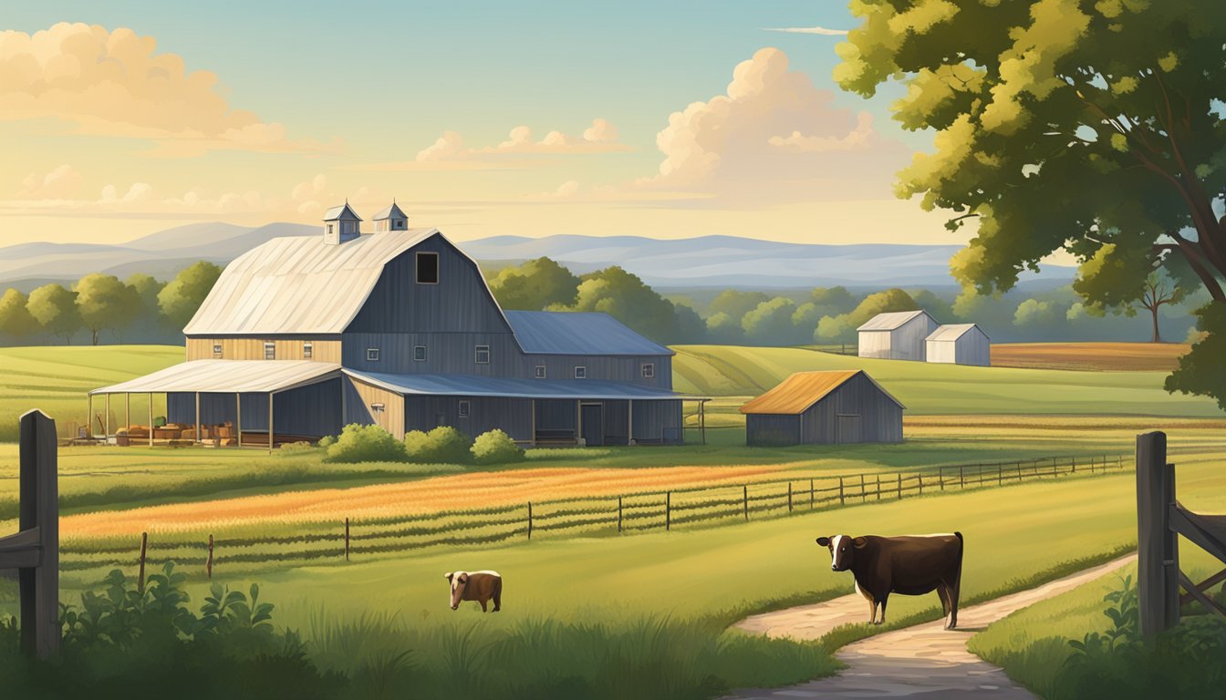 A rural landscape in Hopkins County, Texas, with a farmhouse, barn, and fields of crops or livestock, under a clear sky