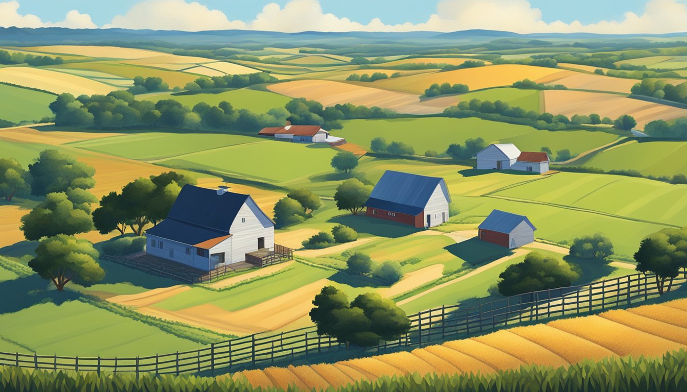 A rural landscape in Hopkins County, Texas, with a farmhouse, barn, and fields of crops, surrounded by rolling hills and clear blue skies