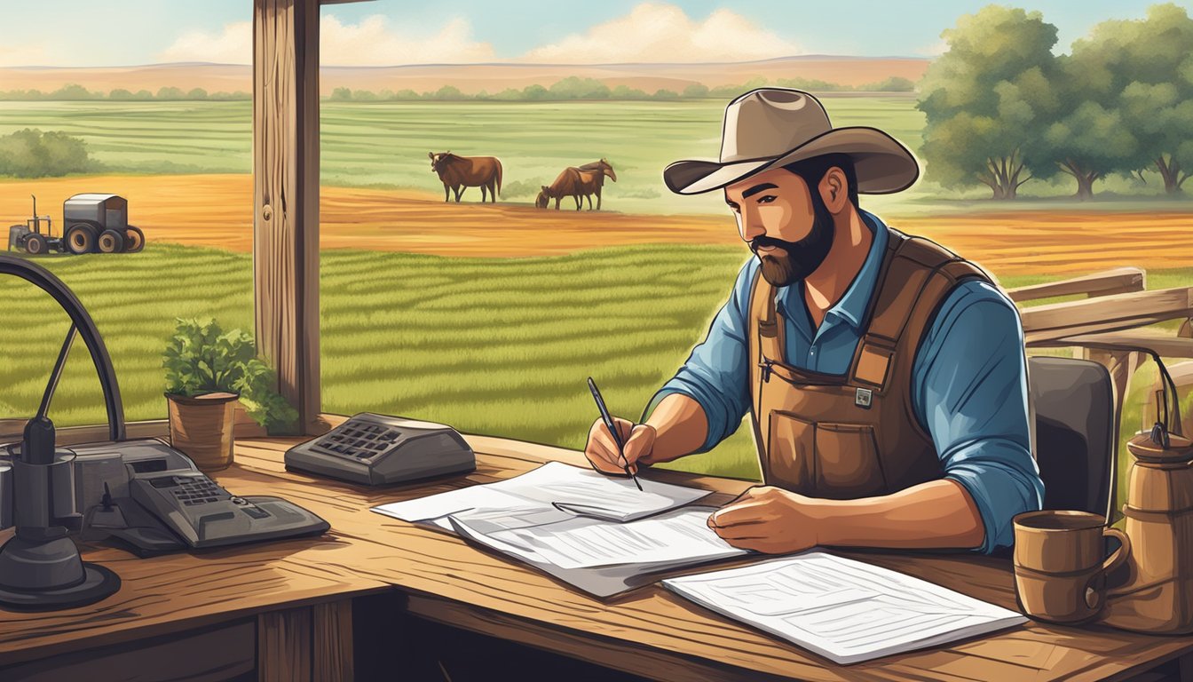 A farmer filling out paperwork in a rustic office, surrounded by agricultural equipment and Texas landscapes