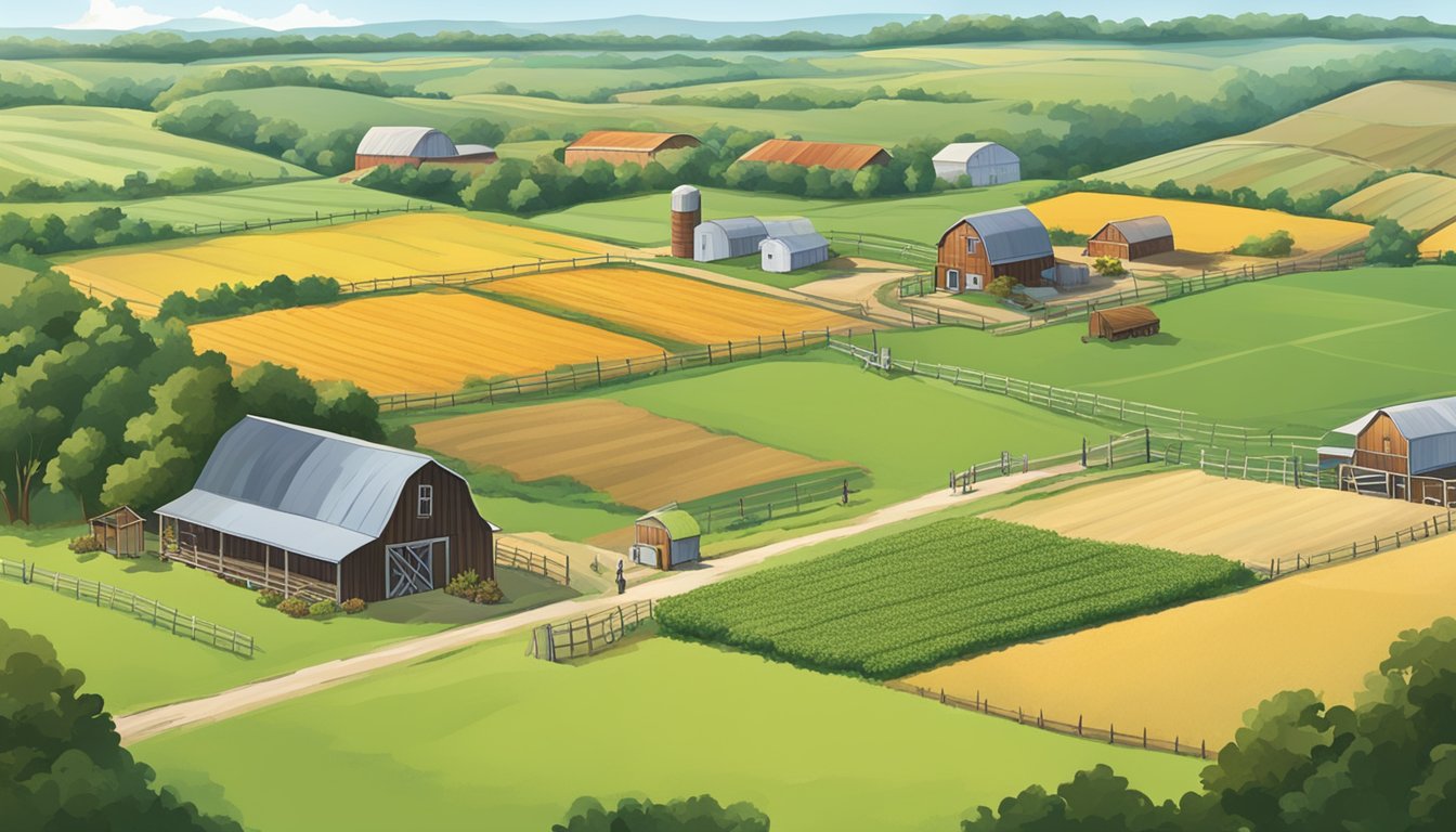 A rural landscape in Harrison County, Texas, with a sprawling farm and fields of crops, surrounded by fences and a sign indicating agricultural exemption