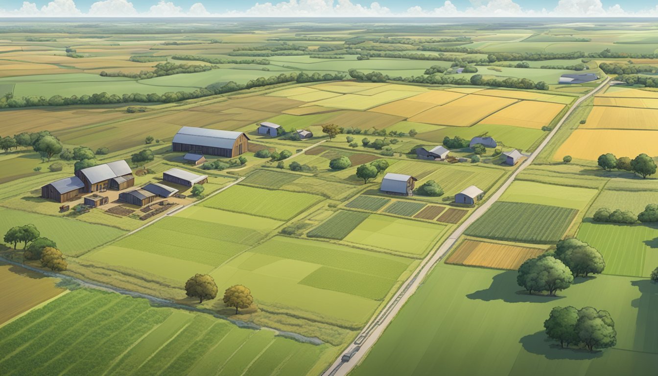 A sprawling landscape in Hopkins County, Texas, with vast fields of crops and livestock, surrounded by fences and farm buildings