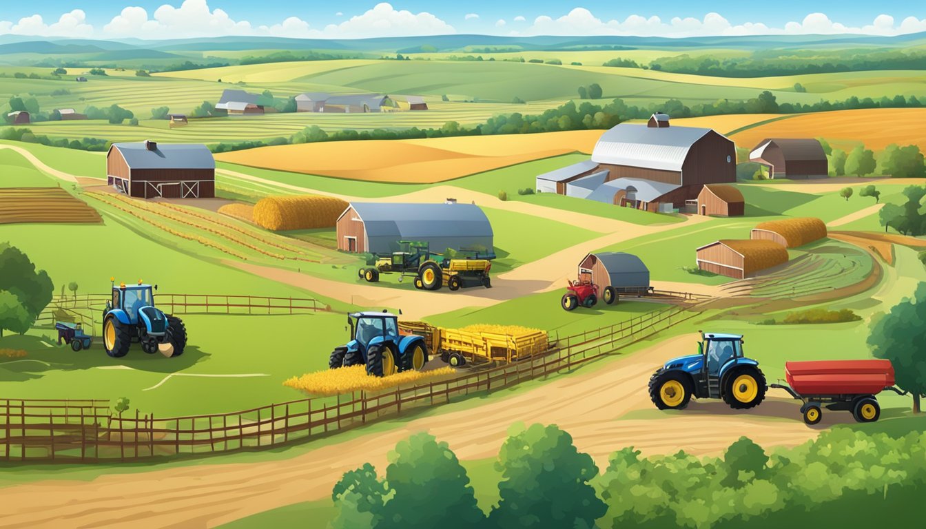 A sprawling rural landscape with farmland, livestock, and agricultural equipment under a clear blue sky