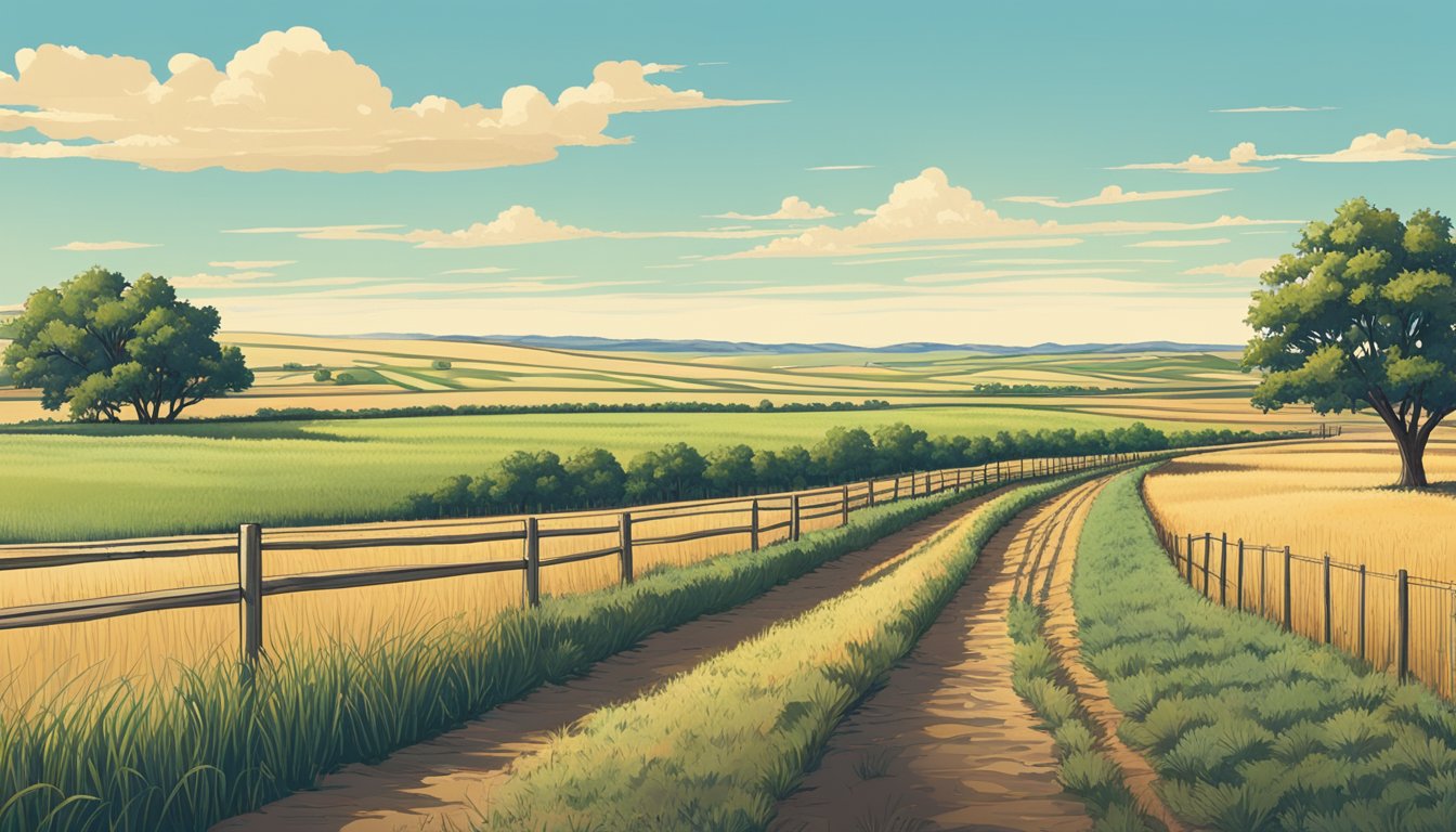 A vast, open field in Haskell County, Texas, with rows of crops and grazing livestock, surrounded by a fence and a clear blue sky