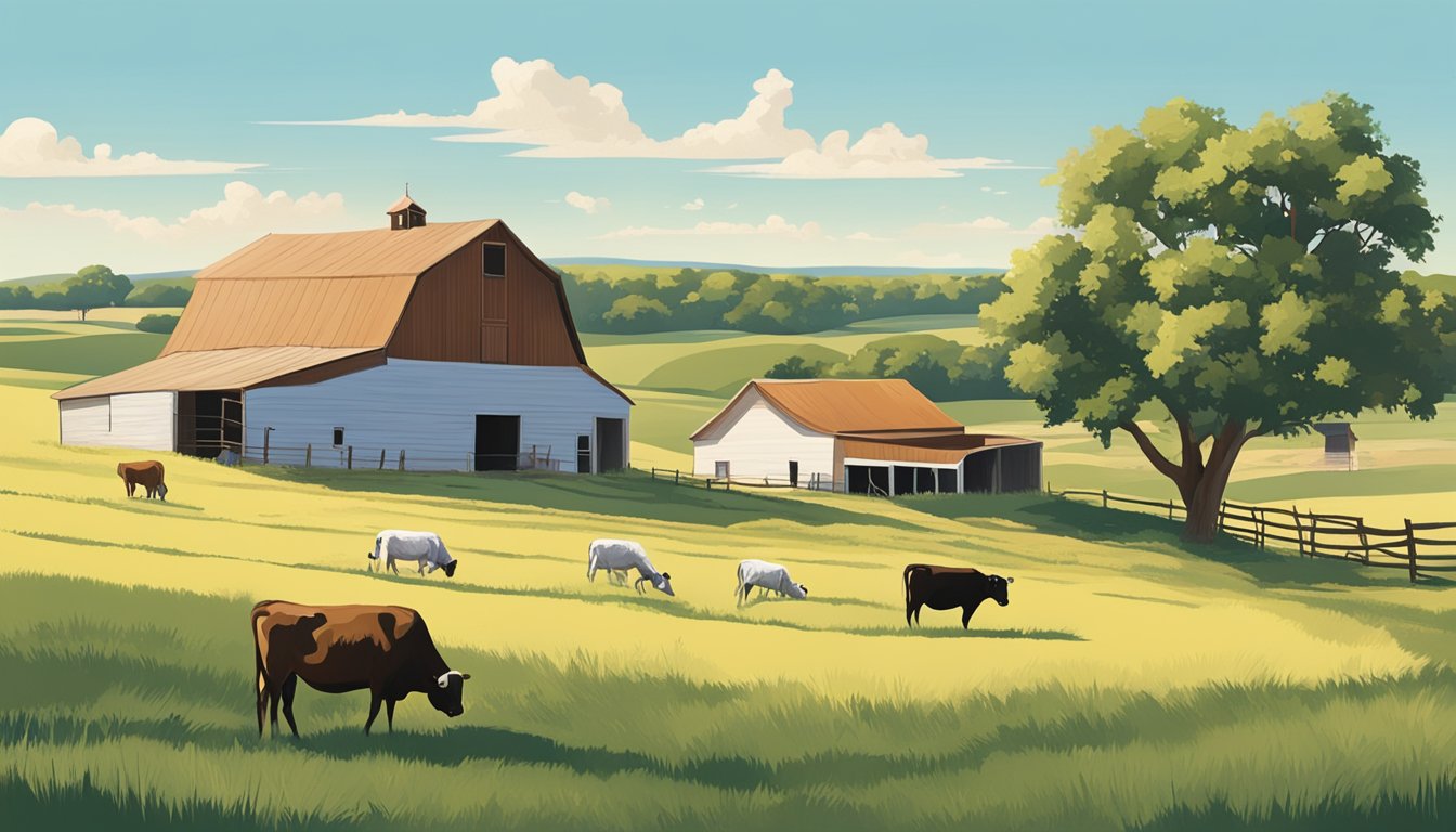 A rural landscape with a farmhouse, barn, and open fields in Haskell County, Texas, with a clear blue sky and grazing livestock