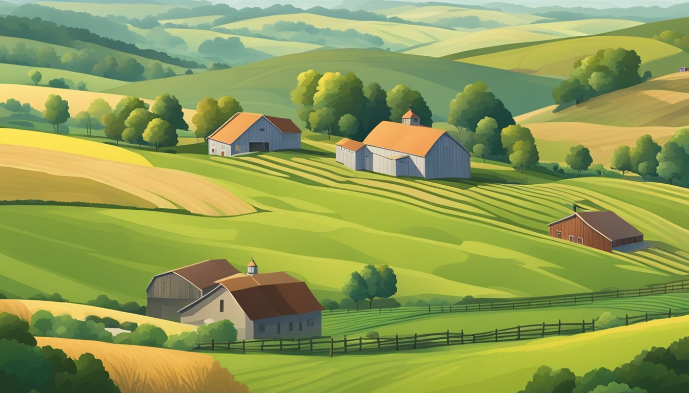 A rural landscape with a farmhouse, barn, and fields of crops, surrounded by rolling hills and grazing livestock