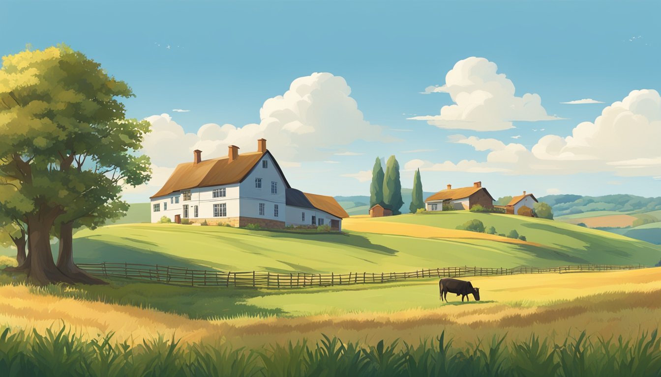 A rural landscape with a farmhouse, fields, and grazing livestock under a clear blue sky