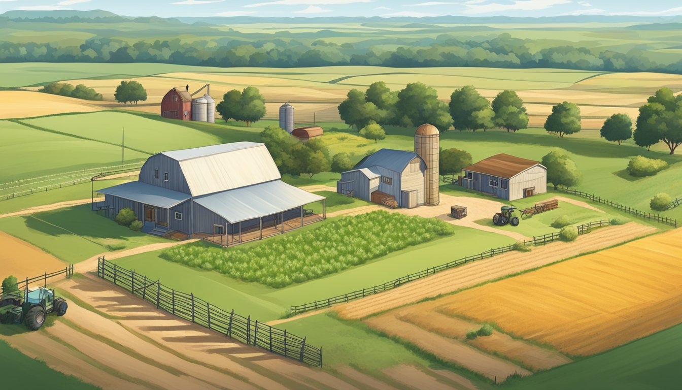 A rural landscape in Hopkins County, Texas, with a farmhouse, barn, and fields of crops, all surrounded by fencing and marked with ag exemption signs