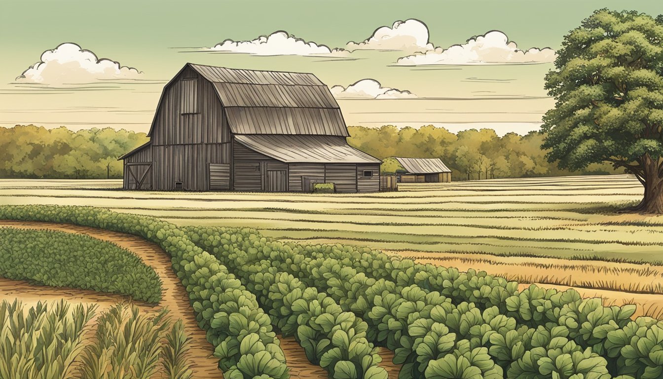 A rural landscape with a barn, fields of crops, and trees, with a sign indicating "Agricultural and Timber Items Sales and Use Tax Exemption - Haskell County, Texas."