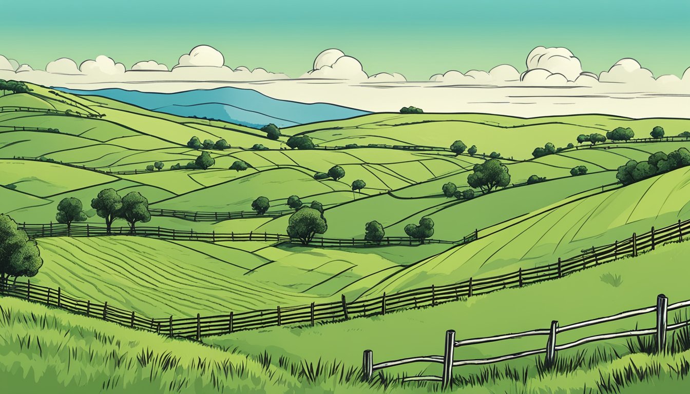 Rolling hills of green pastures dotted with grazing cattle, bordered by barbed wire fences and a clear blue sky overhead