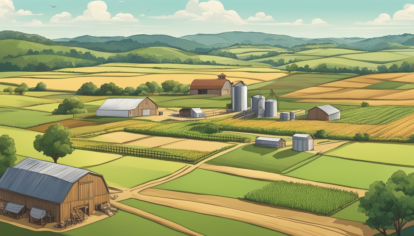 A sprawling farm in Harrison County, Texas, with fields of crops and grazing livestock, surrounded by agricultural tax exemption signs