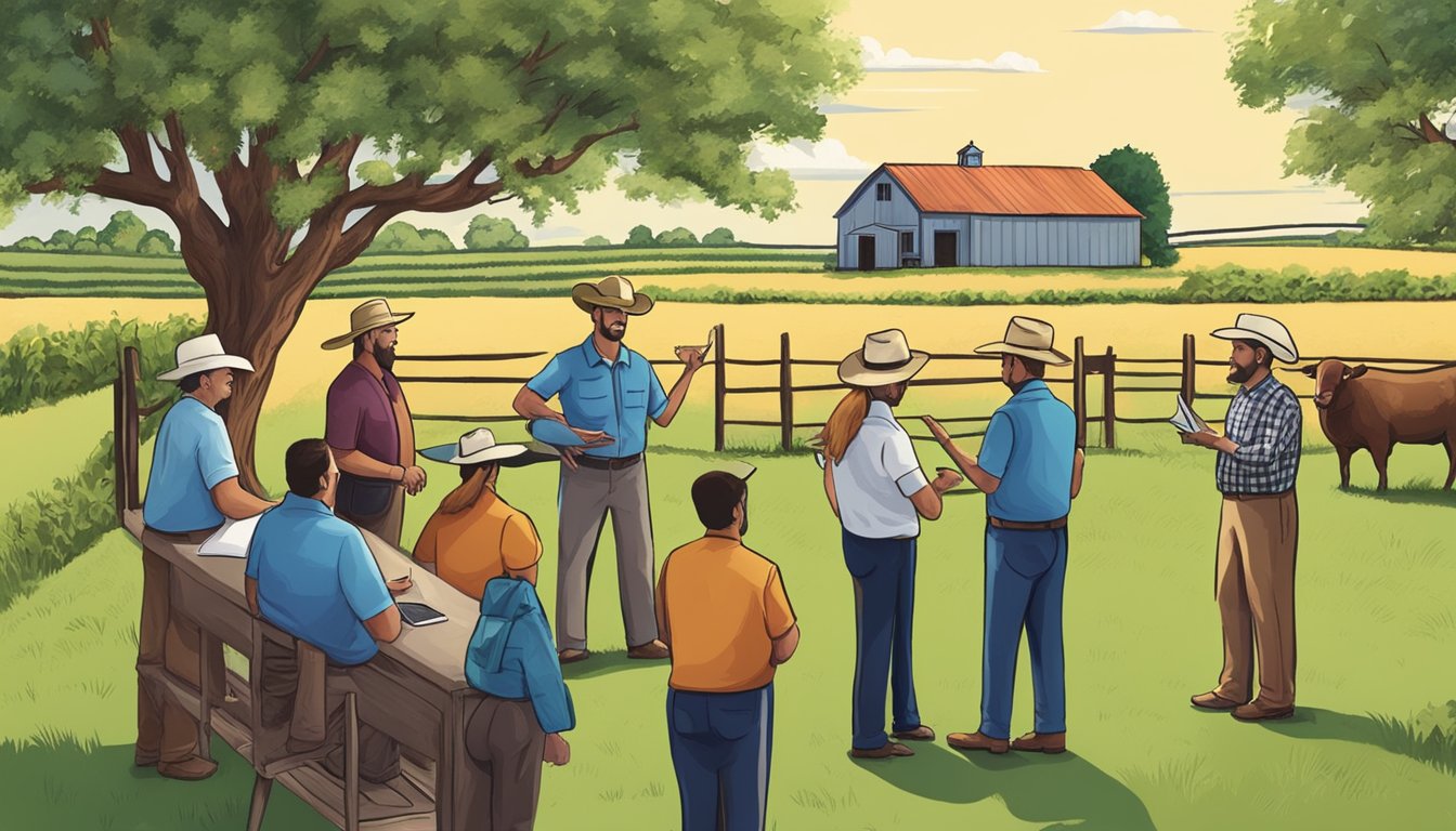 A real estate agent explaining ag exemptions to a group of farmers in a rural Texas county