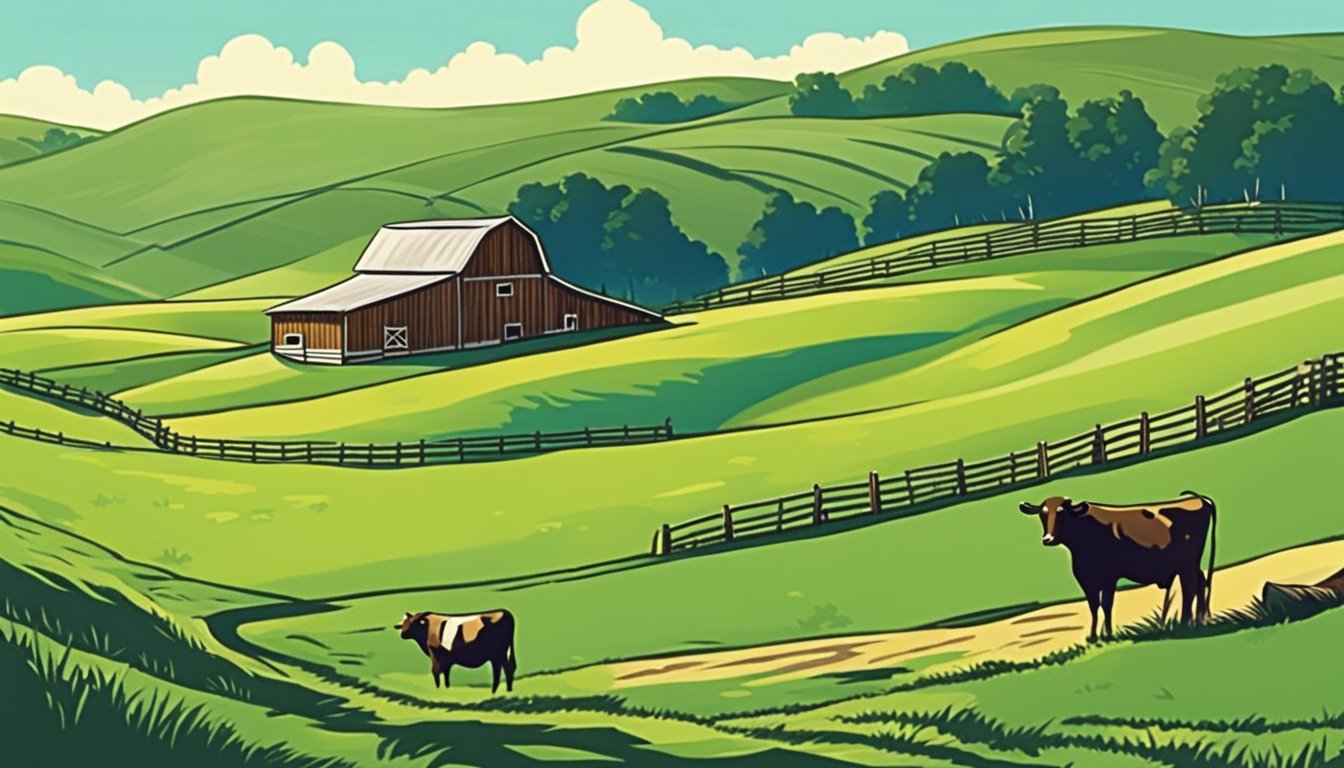 Rolling hills of green pastures with grazing cattle, a rustic barn, and a clear blue sky in the background