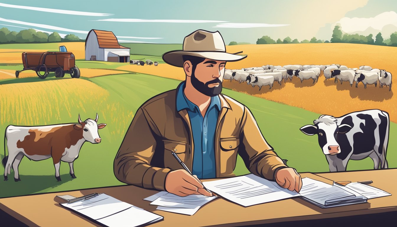 A farmer filling out paperwork at a desk, surrounded by fields and livestock, while a county official reviews documents