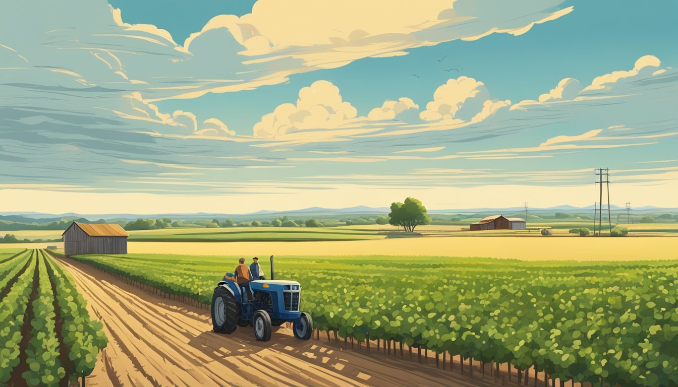 A vast field of crops stretches to the horizon, bordered by a rustic wooden fence. A tractor sits idle in the distance, while the Texas sun beats down on the fertile land