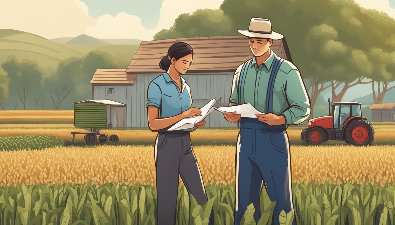 A farmer filling out paperwork while standing in a field of crops, with a county official reviewing documents nearby