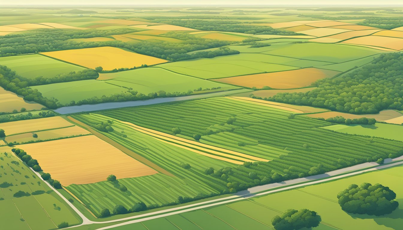 A vast expanse of fertile farmland in Harris County, Texas, with a prominent sign indicating agricultural exemption status