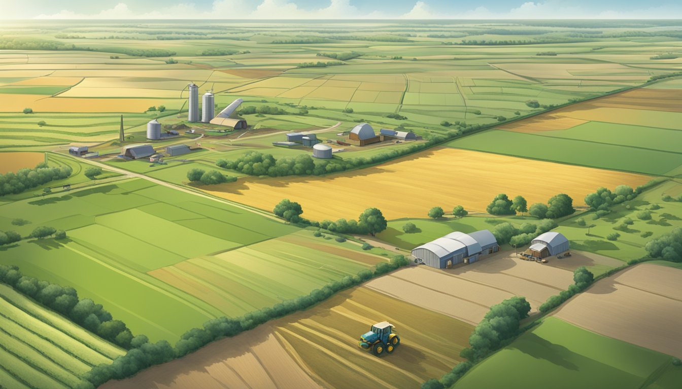 A sprawling landscape of farmland in Harris County, Texas, with fields of crops, grazing livestock, and agricultural machinery