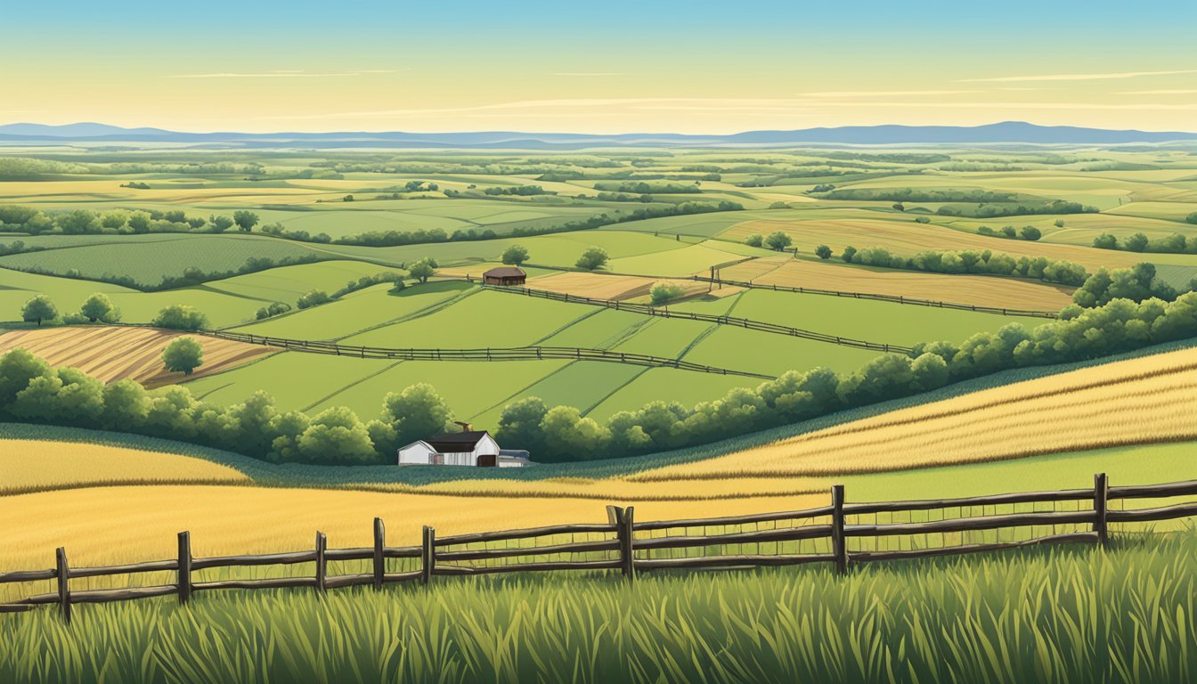 A sprawling rural landscape in Hardeman County, Texas, with fields of crops and grazing livestock, bordered by a rustic fence and a clear blue sky