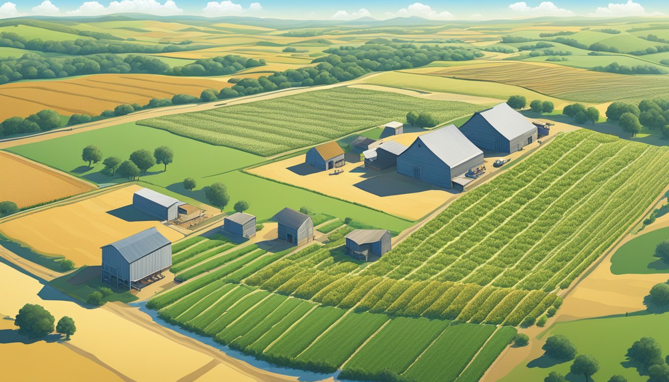 A sprawling farm in Harris County, Texas, with vast fields of crops and livestock, surrounded by rolling hills and a clear blue sky