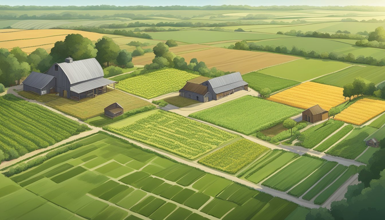 A sprawling farm in Harris County, Texas, with fields of crops and grazing livestock, surrounded by fences and a farmhouse