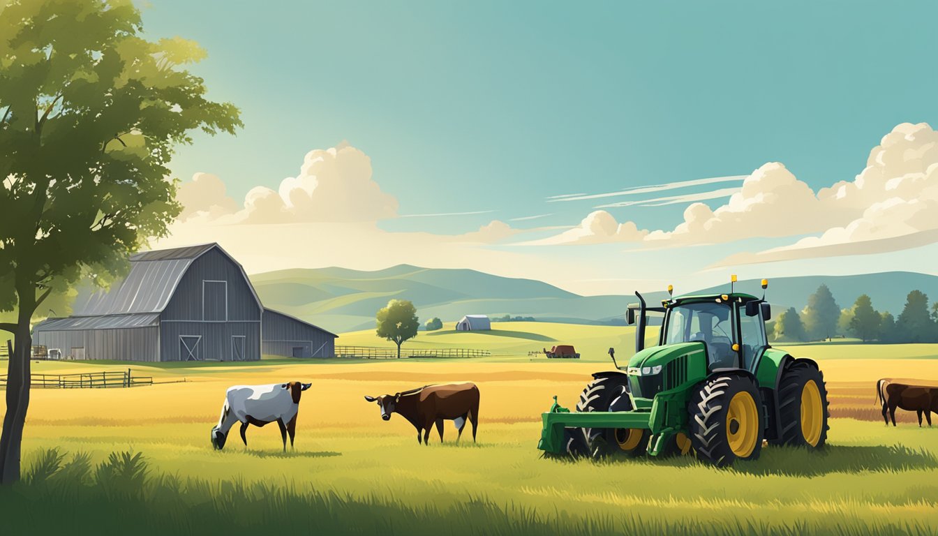 A rural landscape with open fields, farm equipment, and livestock grazing under a clear sky