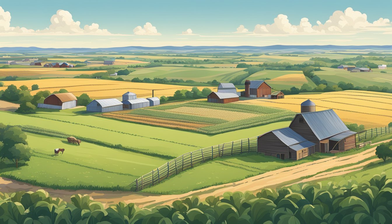 A sprawling rural landscape with fields of crops and livestock, bordered by fences and farm buildings under a clear Texas sky