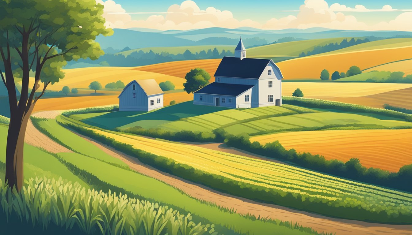 A rural landscape with a farmhouse, barn, and fields of crops under a clear blue sky