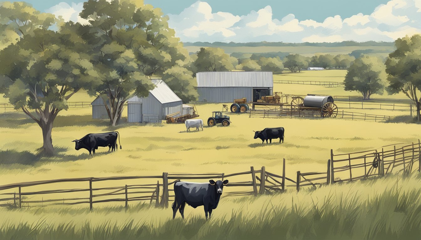 A rural landscape with cattle grazing in a field, a farmhouse, and agricultural equipment in Hansford County, Texas