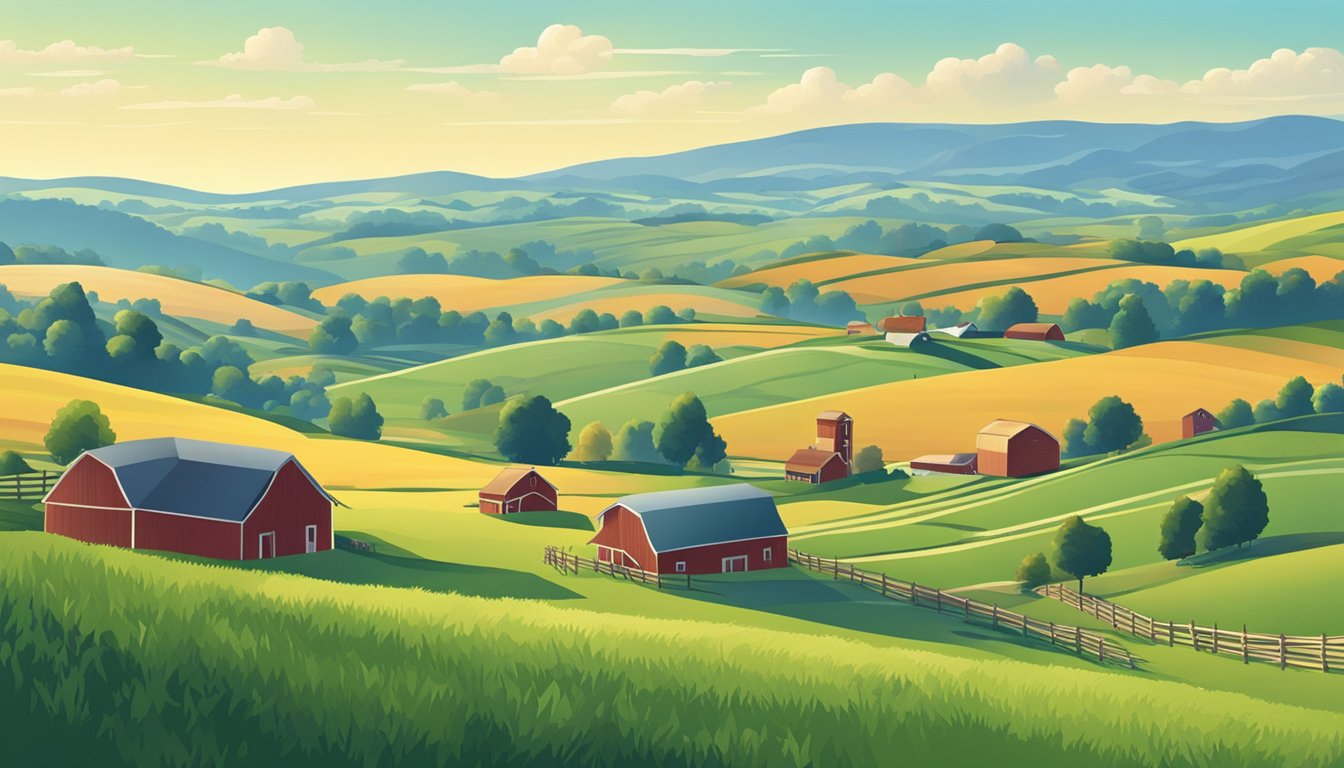 A rural landscape with farmland, barns, and livestock, surrounded by rolling hills and under a clear blue sky