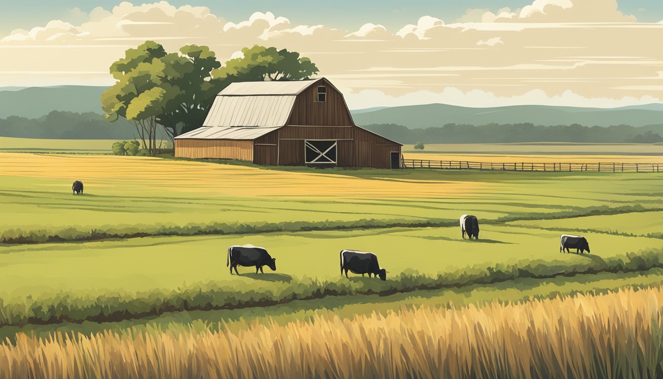 Rolling fields of crops and grazing livestock under a bright Texas sky, with a rustic barn in the distance