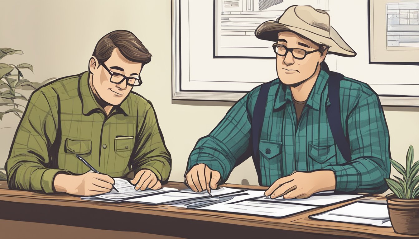 A farmer filling out forms at a desk while a county official reviews documents