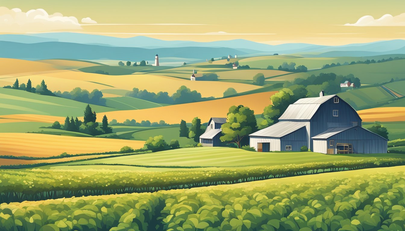 A rural landscape with a farmhouse, barn, and fields of crops under a clear blue sky