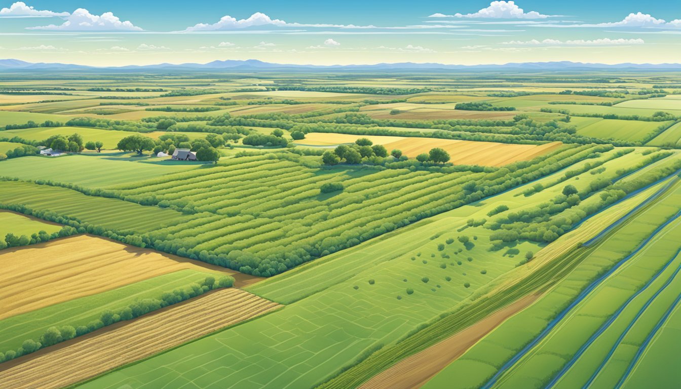 A vast expanse of farmland in Hansford County, Texas, with rows of crops and grazing livestock under a clear blue sky