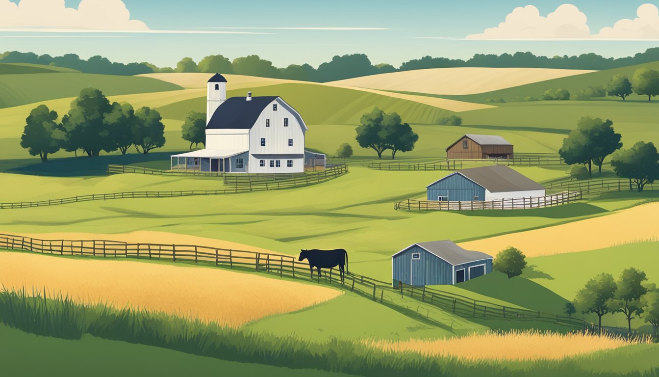 A rural landscape with a farmhouse, barn, and grazing livestock surrounded by fields and pastures, with a sign indicating "Henderson County Texas Ag Exemption."