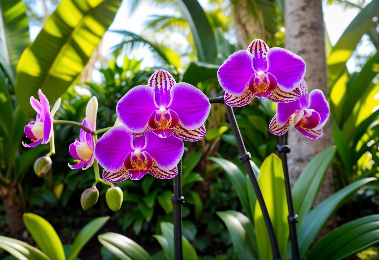 Vibrant orchids blooming in a lush tropical garden, surrounded by lush green foliage and dappled sunlight