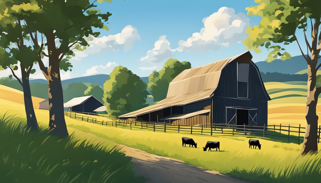 Rolling farmland with grazing cattle, a rustic barn, and a clear blue sky